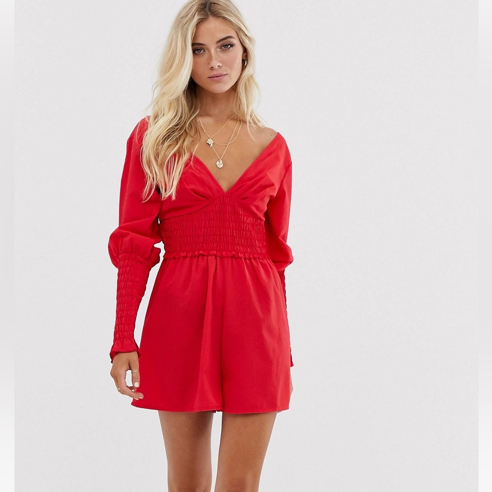 ASOS Red Long Sleeve V-Neck Romper